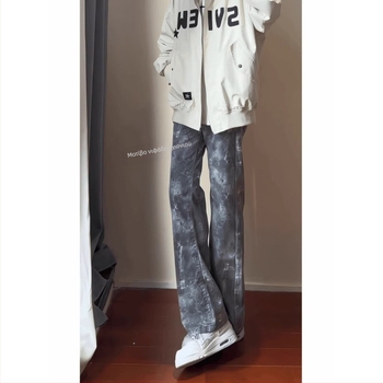 Ανδρικά τζιν με πλυμένο tie-dye αποτέλεσμα, μοναδικός σχεδιασμός σε αμερικανικό ύφος, ίσιο κόψιμο με ελαφρύ φλάρ