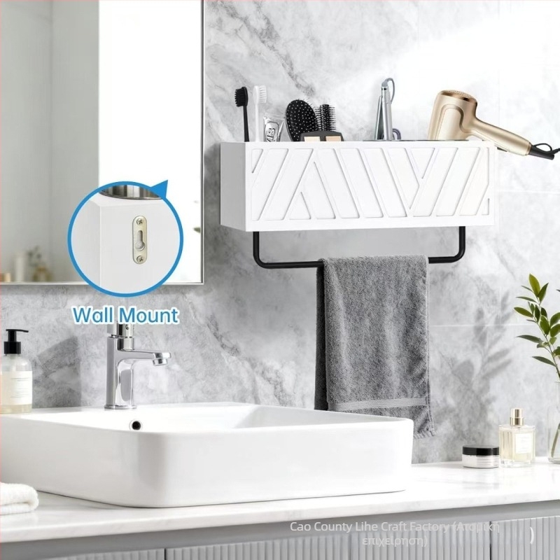 Ξύλινο ράφι για πιστολάκι μαλλιών και οργάνωση τραπεζιού περιποίησης, τοίχου μπάνιου με πολλαπλά διαμερίσματα και κρεμάστρα πετσέτας