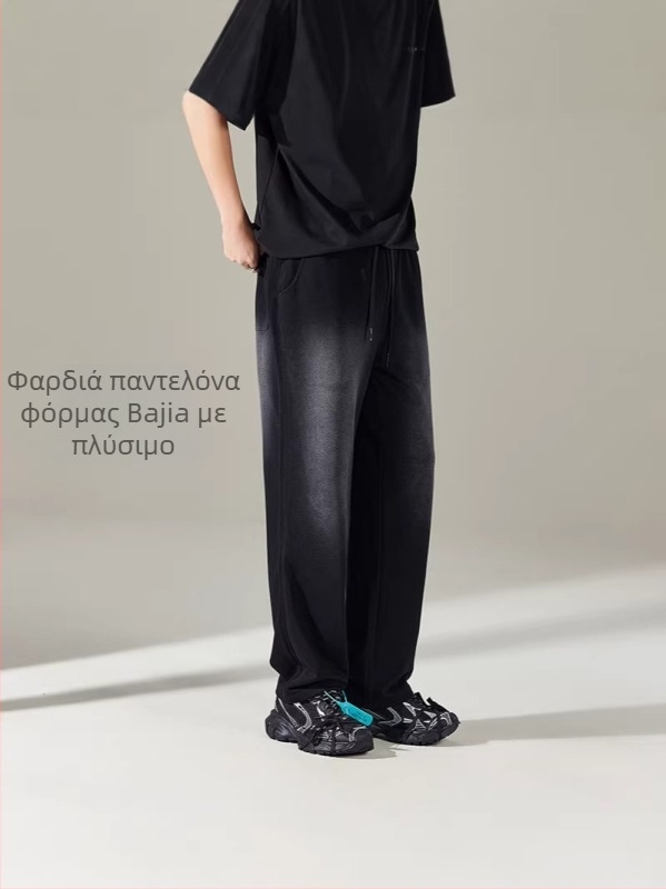 Iba μάρκα αντρικές βαμβακερές παντελόνες με φαρδιά πόδια, πλυμένες, άνοιξη-καλοκαίρι, μαύρο και γκρι, χαλαρή ίσια εφαρμογή