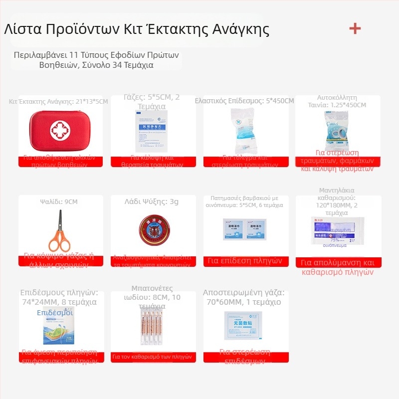 Kanazawa οικογενειακό κιτ πρώτων βοηθειών για εξωτερικές δραστηριότητες, θήκη EVA σκληρού περιβλήματος, 34 τεμάχια, αυτοκινητικό σετ έκτακτης ανάγκης
