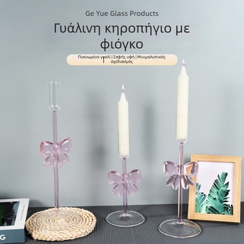 Γυάλινο κηροπήγιο διακοσμητικό σε σκανδιναβικό στιλ με φιόγκο, ροζ κηροπήγιο για ρομαντικούς γάμους και αρραβώνες
