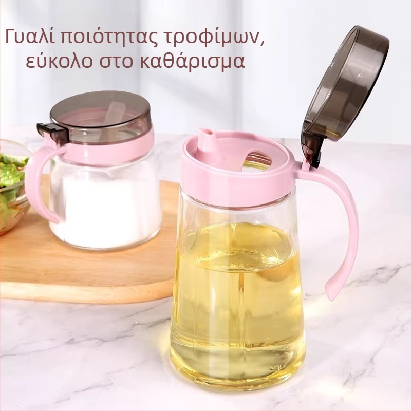 Ολοκληρωμένο σετ γυάλινων μπαχαρικών για οικιακή κουζίνα με αλατιέρα, δοχείο αρωματικού λαδιού και γυάλινα μπουκάλια μπαχαρικών – μοντέρνος μινιμαλιστικός σχεδιασμός.