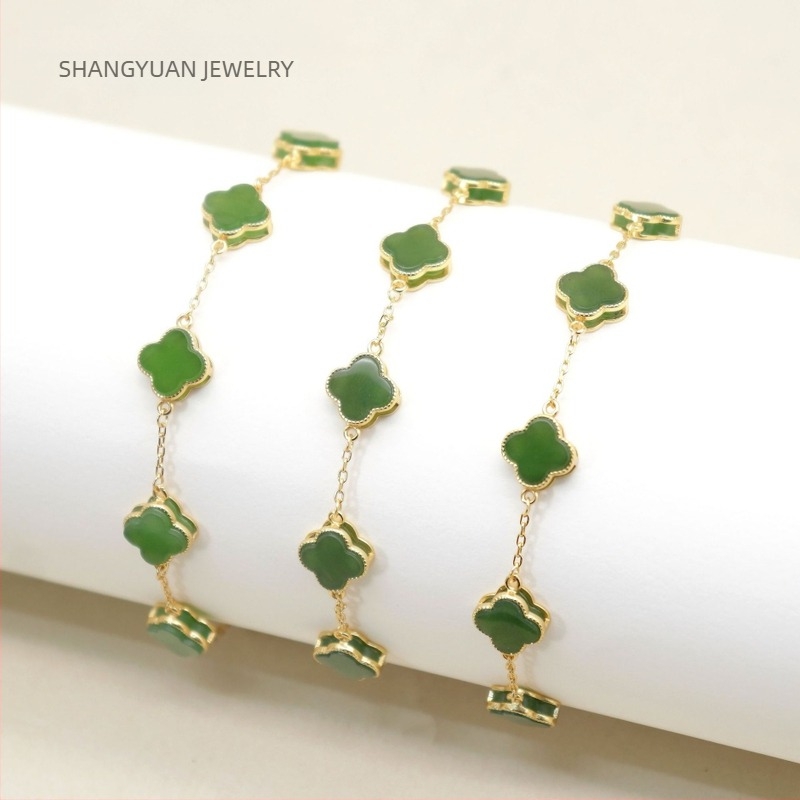 S925 Ασήμι με ενθέσεις Hetian Jade, βραχιόλι σε σχήμα τετράφυλλου για γυναίκες