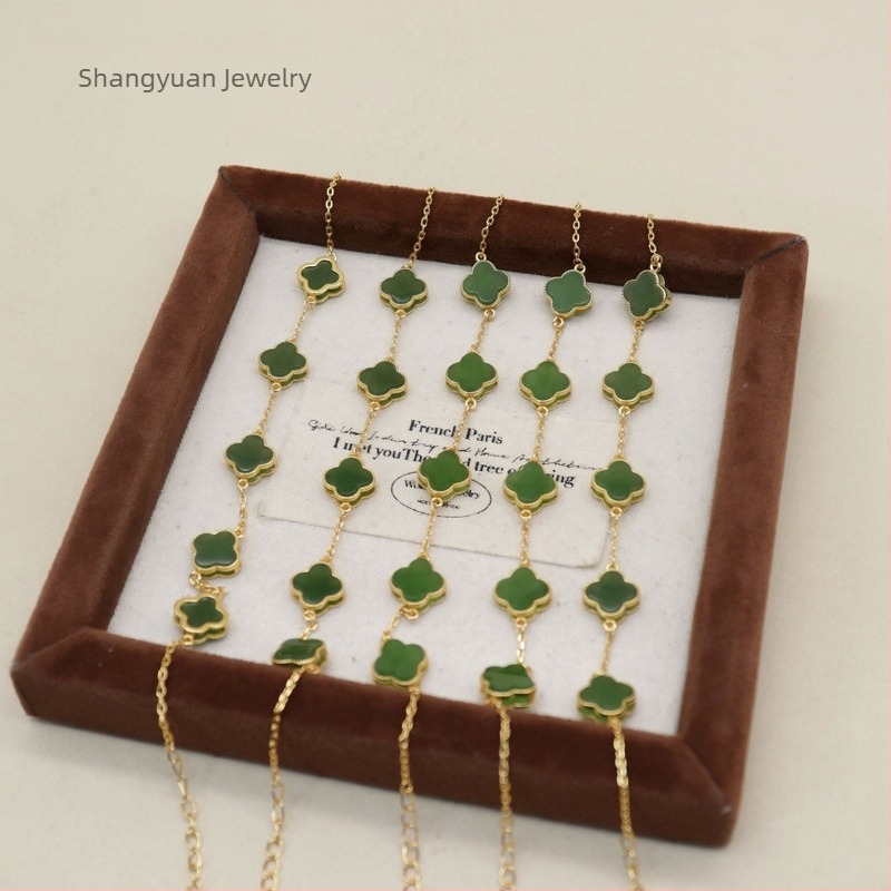 S925 Ασήμι με ενθέσεις Hetian Jade, βραχιόλι σε σχήμα τετράφυλλου για γυναίκες