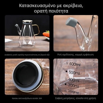Γυάλινο μπουκάλι λαδιού με αντιδιαρροϊκή προστασία και κλίμακα μέτρησης – κατάλληλο για σόγια σος, ξίδι, σησαμέλαιο