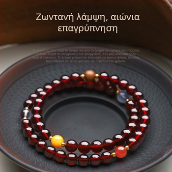 Φυσικός γρανάτης κρασί-κόκκινο, βραχιόλι διπλού κύκλου για γυναίκες με κεχριμπάρι, ακουαμαρίν, λευκό κρύσταλλο και σανδαλόξυλο – βραχιόλι πέντε δρόμοι πλούτου