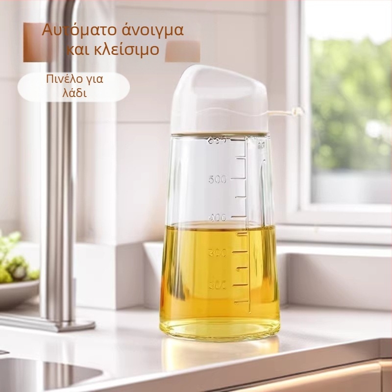 Γυάλινο δοχείο λαδιού με αυτόματη λειτουργία ανοίγματος-κλεισίματος, διαφανές, με κλίμακα μέτρησης, ιδανικό για σάλτσα σόγιας, ξίδι και καρυκεύματα στην οικιακή κουζίνα.