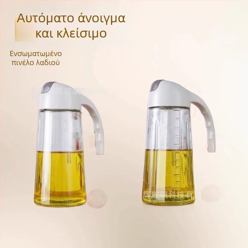 Γυάλινο δοχείο λαδιού με αυτόματη λειτουργία ανοίγματος-κλεισίματος, διαφανές, με κλίμακα μέτρησης, ιδανικό για σάλτσα σόγιας, ξίδι και καρυκεύματα στην οικιακή κουζίνα.