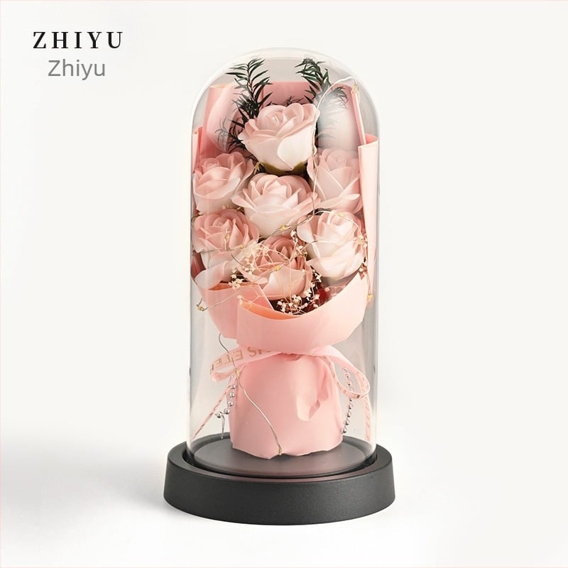 Άνθη σαπουνιού με διατηρημένο τριαντάφυλλο σε γυάλινο θόλο με φωτισμό, διακοσμητικό δώρο για τη Γιορτή της μητέρας και τη Γιορτή του Αγίου Βαλεντίνου