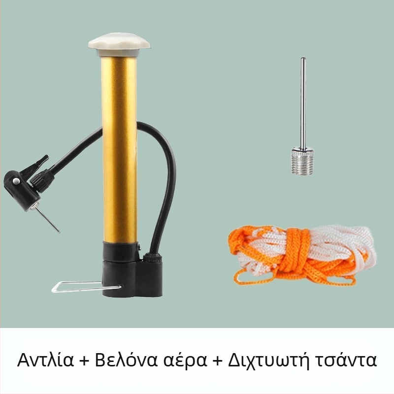 Αεροβελόνα για μπαλόνια, αντλία για ποδήλατο και αντλία υψηλής πίεσης για μπάλες — εξωτερικό σετ τριών τεμαχίων με μπάσκετ, μπάλα ποδοσφαίρου και φουσκωτό δαχτυλίδι κολύμβησης