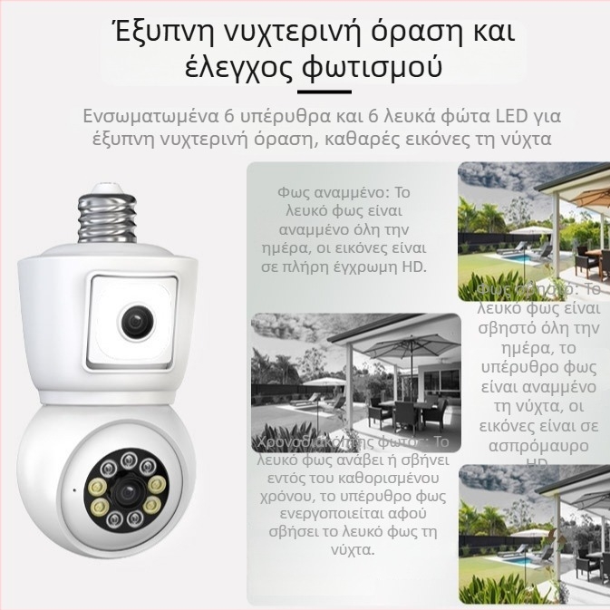 Κάμερα λαμπτήρα με διπλό φακό, ICSEE, 3 MP, σφαίρα σύνδεσης