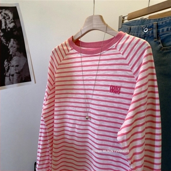 Xia yotu βαμβακερό T-Shirt με ρίγες, κεντημένα αντίθετα γράμματα, Raglan μανίκια, στρογγυλός λαιμός, μακριά μανίκια, γυναικείο, μέγεθος L, καλοκαίρι με προστασία από τον ήλιο