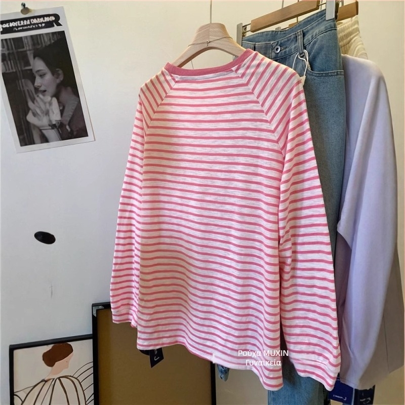 Xia yotu βαμβακερό T-Shirt με ρίγες, κεντημένα αντίθετα γράμματα, Raglan μανίκια, στρογγυλός λαιμός, μακριά μανίκια, γυναικείο, μέγεθος L, καλοκαίρι με προστασία από τον ήλιο