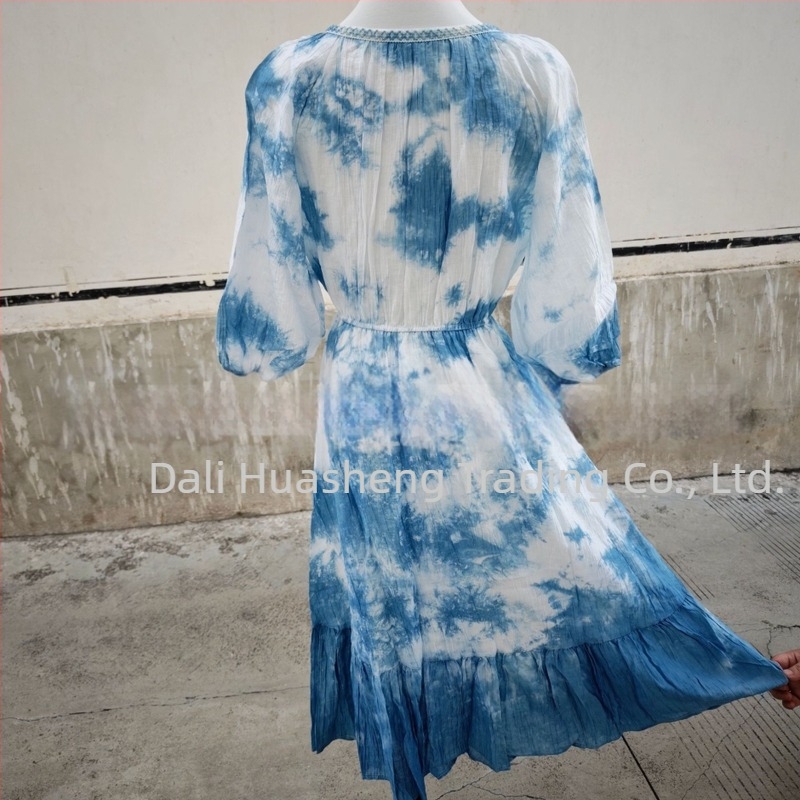 Γυναικείο midi φόρεμα με floral tie-dye print, στρογγυλή λαιμόκοψη, φουσκωτά μακριά μανίκια, στυλ πριγκίπισσας, βαμβάκι-λινό μείγμα, μέγεθος L, Άνοιξη 2025