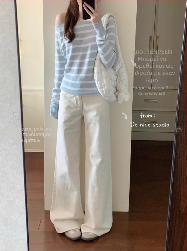 Λευκά γυναικεία τζιν από denim, ίσια γραμμή, ψηλή μέση, άνετη εφαρμογή με φαρδιά σιλουέτα