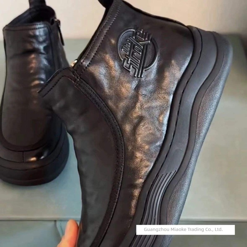 773889 Ανδρικά δερμάτινα sneakers με ψηλό άνω μέρος, μαύρα, διαπνέοντα, με επένδυση φλίς, κορεατικό στυλ