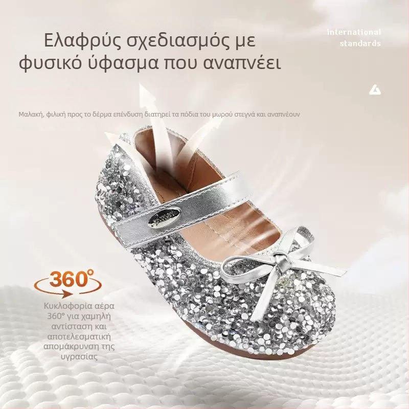 Παιδικά παπούτσια πριγκίπισσας σε κορεάτικο στυλ για άνοιξη-φθινόπωρο, με φιογκάκι και στρας, άνετες μαλακές σόλες