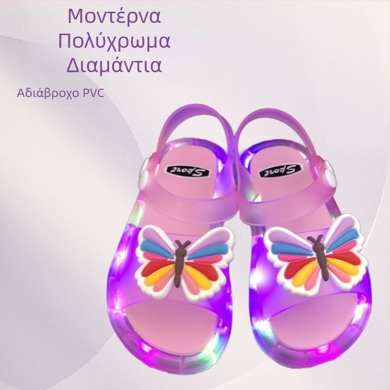 Παιδικά φωτιζόμενα σανδάλια jelly με διακοσμητικά λουλούδια και διαμάντια, γλυκό πριγκιπικό στυλ
