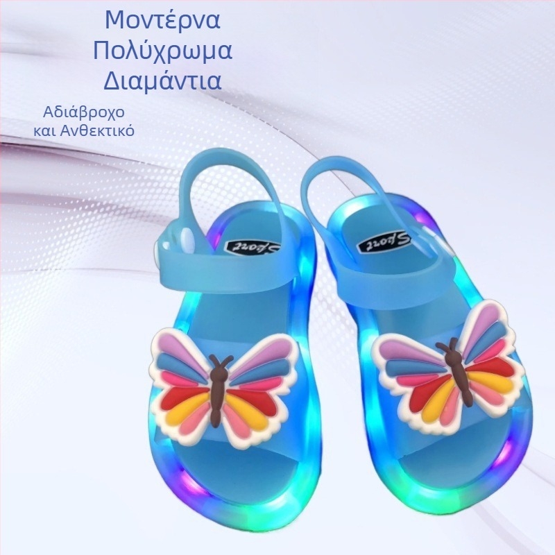 Παιδικά φωτιζόμενα σανδάλια jelly με διακοσμητικά λουλούδια και διαμάντια, γλυκό πριγκιπικό στυλ