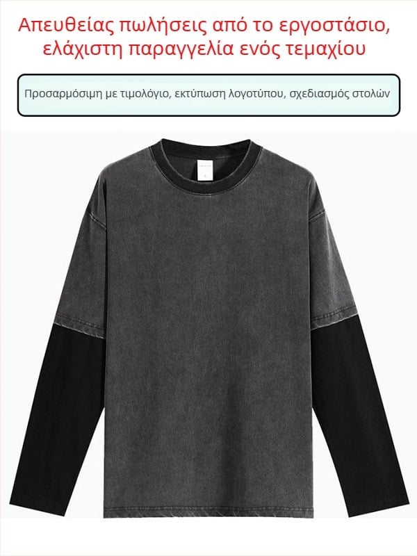 Ανδρικό μακρυμάνικο T‑shirt, 300 g, αμερικανικού ρετρό στυλ, βίντατζ πλυμένη εμφάνιση, προσαρμοσμένη ψηφιακή εκτύπωση