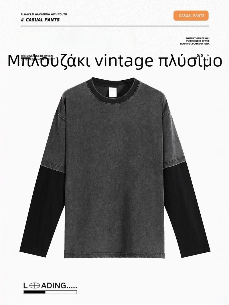 Ανδρικό μακρυμάνικο T‑shirt, 300 g, αμερικανικού ρετρό στυλ, βίντατζ πλυμένη εμφάνιση, προσαρμοσμένη ψηφιακή εκτύπωση