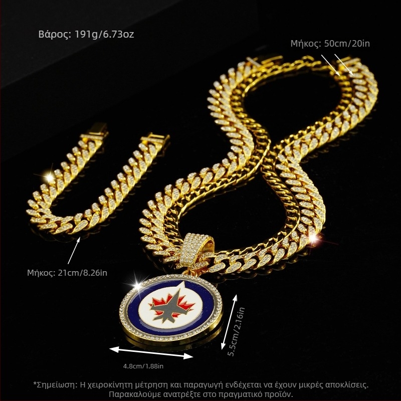 Σετ κοσμημάτων για unisex: Χιπ-χοπ Cuban αλυσίδα με κρυστάλλινο μενταγιόν και αντίστοιχο βραχιόλι (3 τεμάχια)