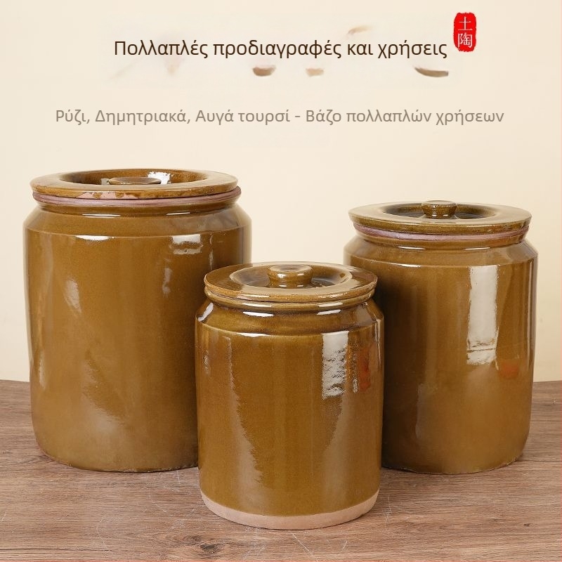 Κεραμικός κάδος ρύζι με καπάκι, ευθύγραμμος κυλινδρικός σχεδιασμός, ρετρό στιλ, προστασία από έντομα, δοχείο από κεραμική γη μεγάλης χωρητικότητας