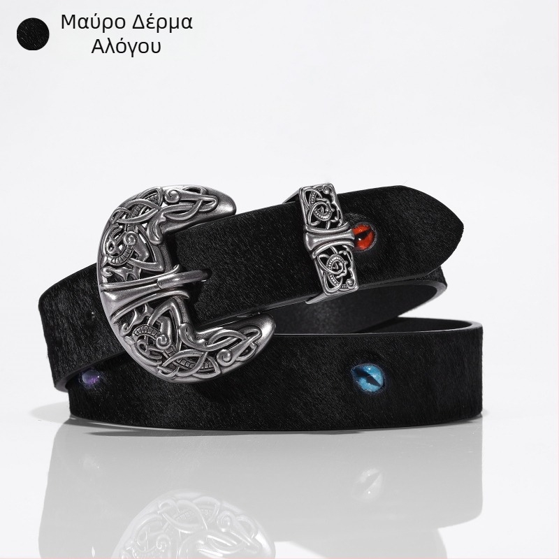 Ζώνη από γνήσιο δέρμα με τρίχες αλόγου και αγκράφα Cat-Eye, μοντέρνο πανκ στυλ