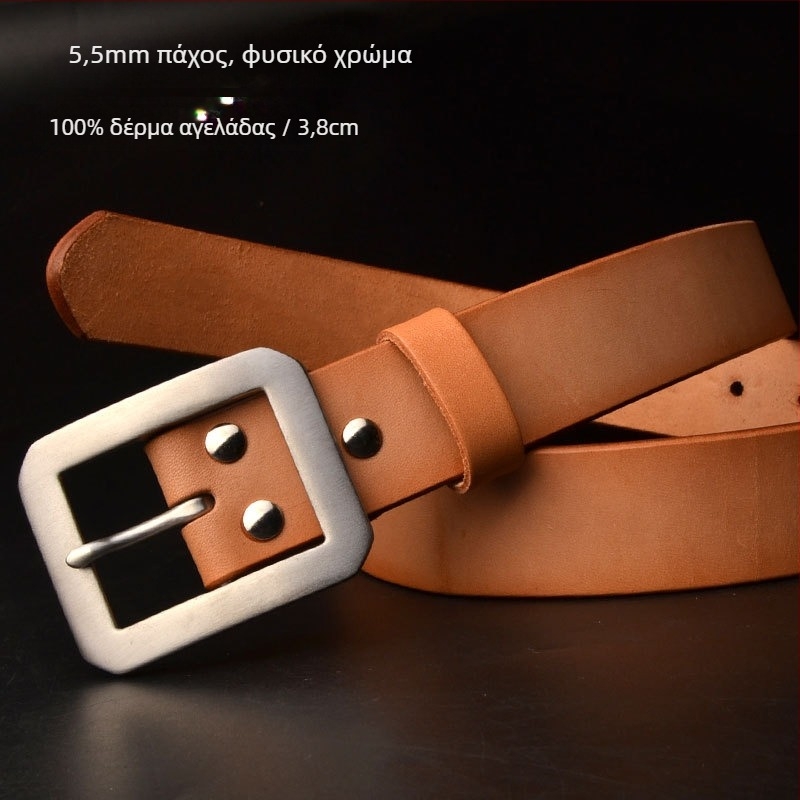 Ανδρική ζώνη από κορυφαίο δέρμα (top-grain saddle leather), αγκράφα από ανοξείδωτο ατσάλι με ακίδα, πλάτος 3,8 cm, για τζιν, σε μεγέθη plus
