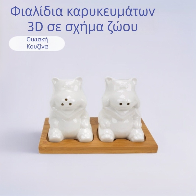 Κεραμικά μπουκάλια καρυκεύσεων με 3D μορφή ζώου, για πιπέρι και αλάτι, σετ δύο τεμαχίων με ξύλινο δίσκο