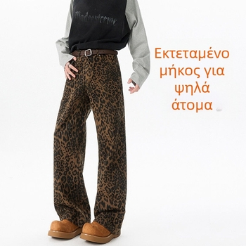 Ανδρικά τζιν με λεοπάρ print, μακρύ μοντέλο για ψηλούς, παντελόνια άνοιξη-φθινόπωρο, plus size, ίσια γραμμή