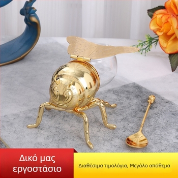 Χρυσή μεγάλη κούπα ζάχαρης με μοτίβο μελισσών και κουτάλι, ευρωπαϊκού στυλ για κουζίνα, αποθήκευση μπαχαρικών και διακοσμητικό οικιακής χρήσης