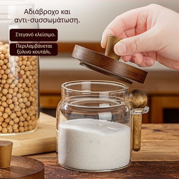 Διαφανές γυάλινο βάζο αποθήκευσης με ξύλινο καπάκι και κουτάλι, για κόκκους καφέ, τσάι και δημητριακά