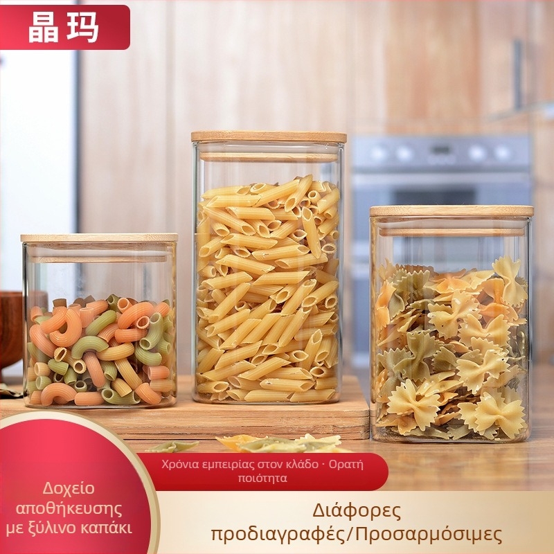 Τετράγωνο γυάλινο δοχείο αποθήκευσης από borosilicate με καπάκι από ξύλο ή μπαμπού, δοχείο τσαγιού, 800-1000 ml
