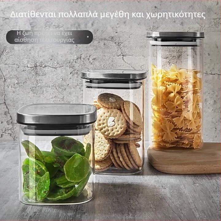 Τετράγωνο σφραγισμένο βάζο για σνακ, αποξηραμένα φρούτα και δημητριακά, με καπάκι από ανοξείδωτο ατσάλι, 800–1000 ml
