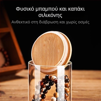 Βουδιστικά χάντρες με βραχιόλι από καρύδι — γυάλινο μπουκάλι με φλούδα μανταρινιού, χειροποίητο εκθετήριο για αρωματικό ξύλο και σφραγισμένο γυάλινο δοχείο αποθήκευσης