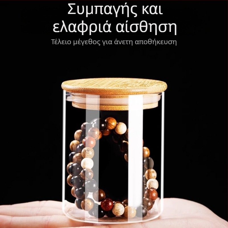 Βουδιστικά χάντρες με βραχιόλι από καρύδι — γυάλινο μπουκάλι με φλούδα μανταρινιού, χειροποίητο εκθετήριο για αρωματικό ξύλο και σφραγισμένο γυάλινο δοχείο αποθήκευσης
