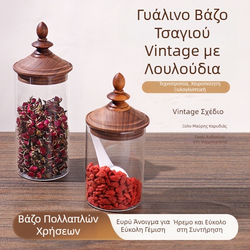Ρετρό ιαπωνικού στυλ γυάλινο δοχείο από βορσολιτικό γυαλί με ξύλινο καπάκι, κουζίνας αποθήκευση για τσάι και καφέ