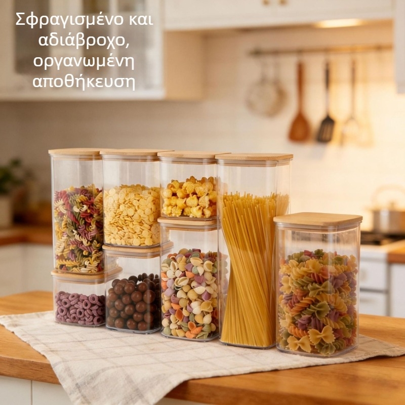 Τετράγωνο διαφανές πλαστικό βάζο αποθήκευσης κόκκων καφέ με καπάκι από μπαμπού – σφραγμένο δοχείο κουζίνας για συντήρηση φρεσκάδας, 1–2 L