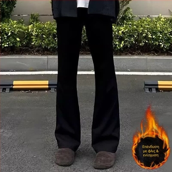 Ανδρικά μαύρα παντελόνια κοστουμιού με fleece επένδυση, microflare γραμμή, καθαρή εφαρμογή, casual, φθινοπωρινό–χειμερινό 2025