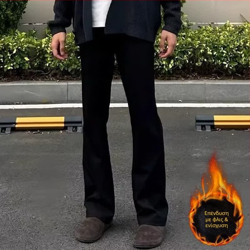 Ανδρικά μαύρα παντελόνια κοστουμιού με fleece επένδυση, microflare γραμμή, καθαρή εφαρμογή, casual, φθινοπωρινό–χειμερινό 2025