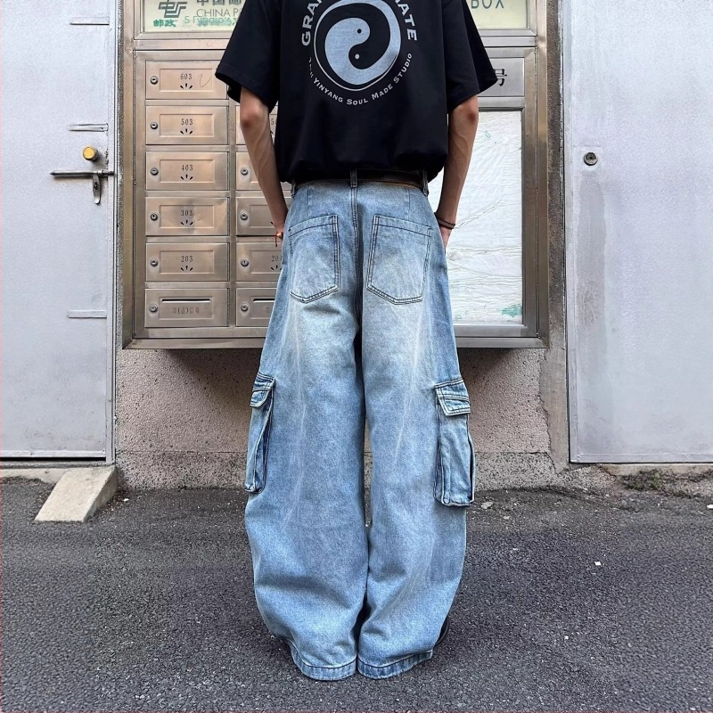 Αμερικανικού ρετρό denim παντελόνια για άνδρες με μεγάλες τσέπες, χαλαρή γραμμή, φαρδιά πόδια