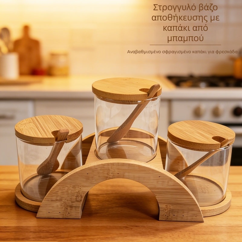 Σετ τριών γυάλινων δοχείων για καρυκεύματα με καπάκια από μπαμπού και κουταλάκι