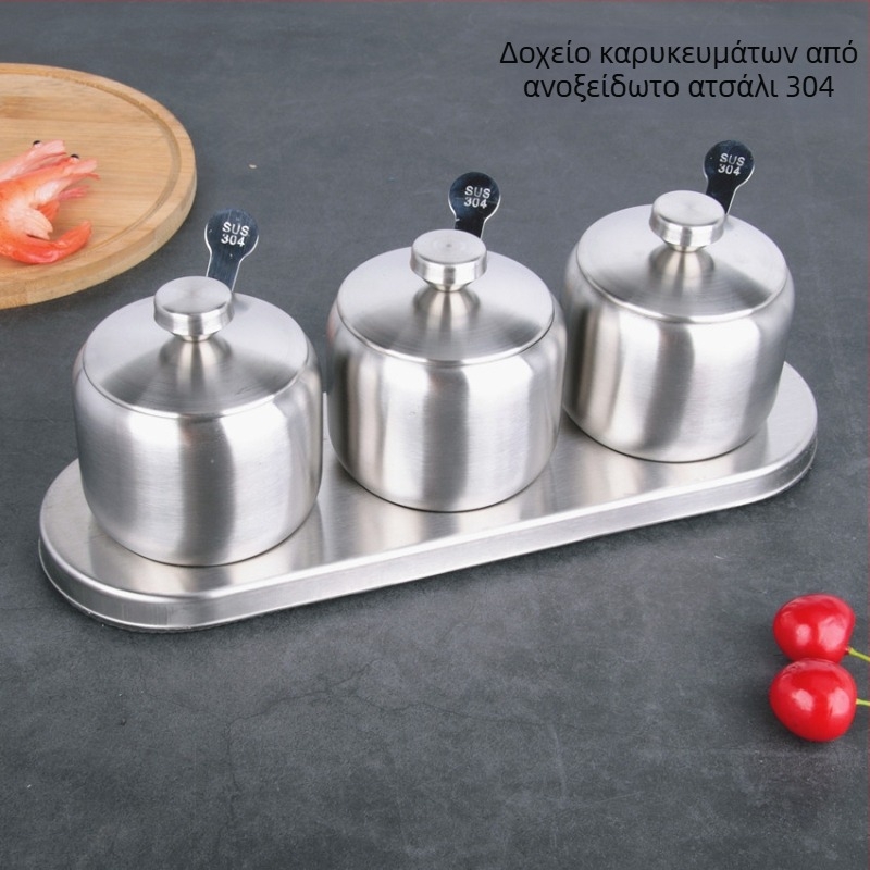 Σετ τριών δοχείων μπαχαρικών από ανοξείδωτο ατσάλι 304 με κουτάλι — μοντέρνος σχεδιασμός κουζίνας