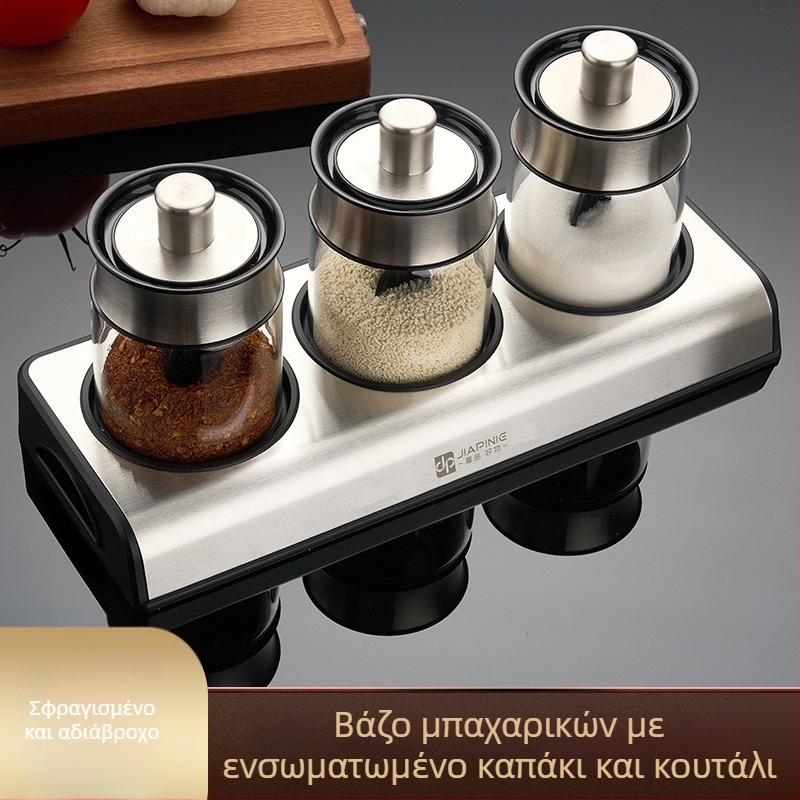 Σετ βάζων μπαχαρικών με κουτάλάκι, γυάλινο βάζο αλατιού με προστασία από υγρασία και μπουκάλι πιπεριού για την κουζίνα