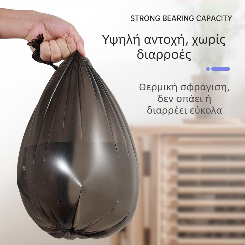 Χοντρές μεγάλες οικιακές σακούλες απορριμμάτων μιας χρήσης με επίπεδο στόμιο, χρωματιστές και μαύρες, πλαστικές σακούλες κουζίνας
