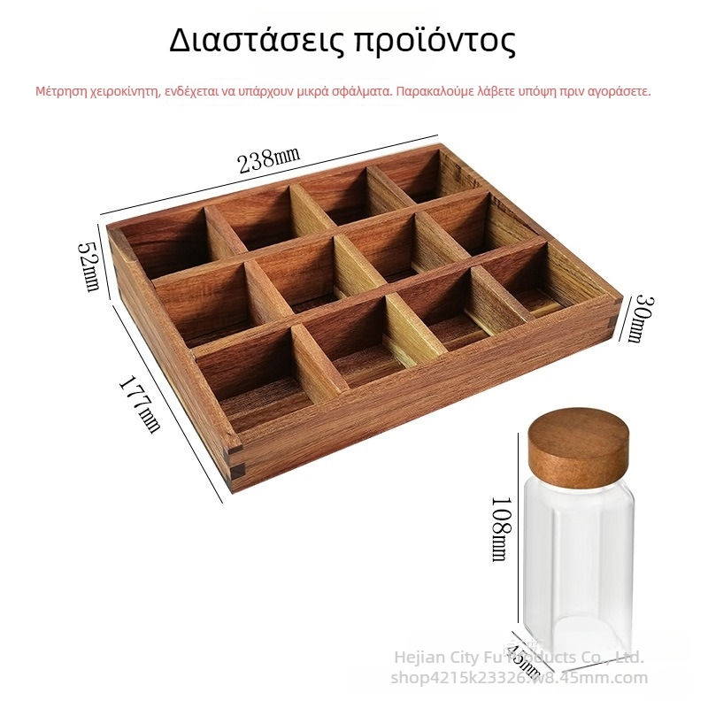 Μπουκαλάκια μπαχαρικών με καπάκι από ξύλο ακακίας και ράφι μπαχαρικών — σετ τετραγωνίων γυαλίνων μπουκαλιών με σφραγμένα πιπέρι και μπαχαρικά