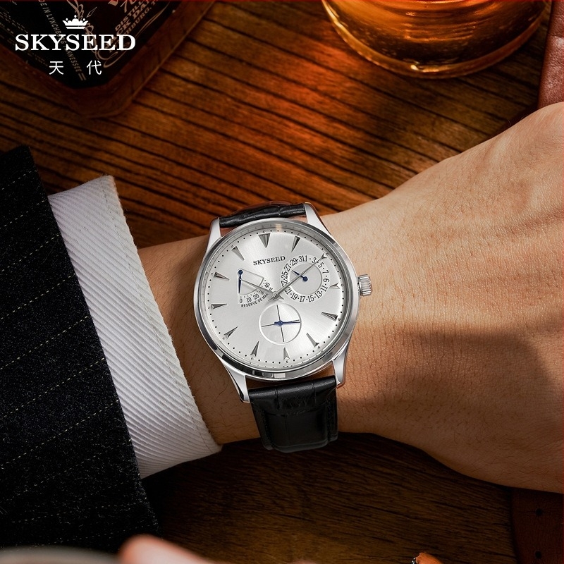 Skyseed Ανδρικός πολύλειτουργικός αυτόματος μηχανικός ρολόι, επιχειρηματικό-καθημερινό στυλ, 42mm κάσα από ανοξείδωτο ατσάλι, δερμάτινο λουρί, 50m αδιάβροχο