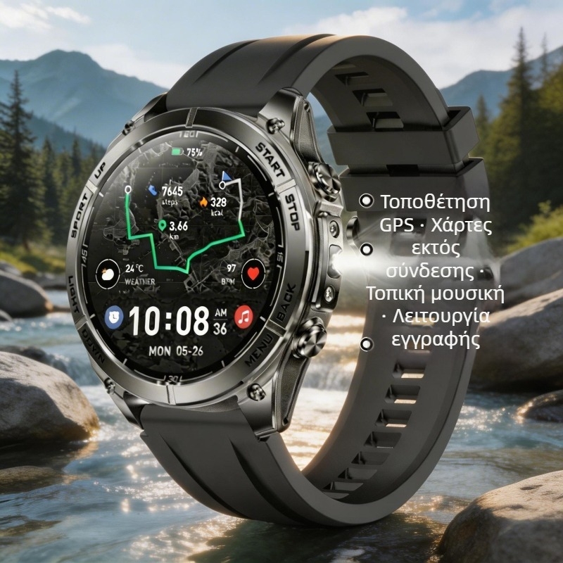 KM101 Smartwatch με εκτός σύνδεσης χάρτες, GPS, τοπική μουσική και ηχογράφηση, AMOLED οθόνη, Bluetooth κλήσεις, αθλητικό ρολόι