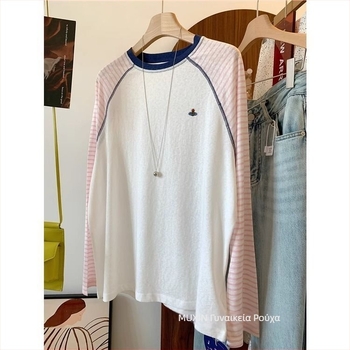 Γυναικείο XXL T‑shirt με ρίγες και πάνελ Raglan, μακριά μανίκια, ελαφρύ φθινοπωρινό βαμβακερό κέντημα με μοτίβο χιονιού, κορεατικού στυλ